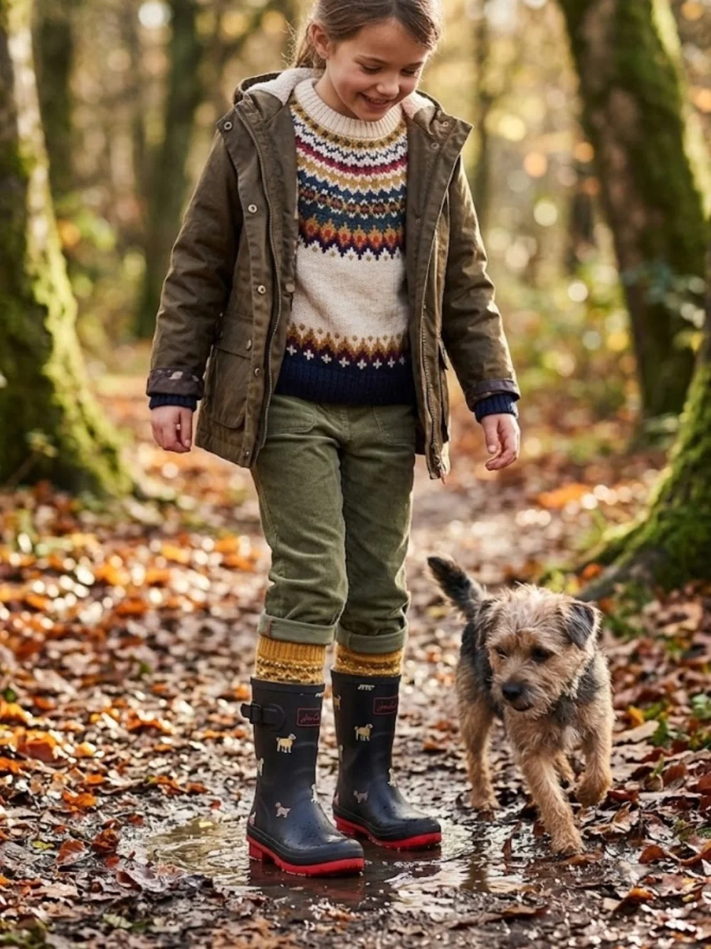 Joules Navy Kids Rain Boots with Red Sole and Dog Motif
